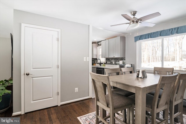 dining space with sink, dark hardwood / wood-style floors, and ceiling fan