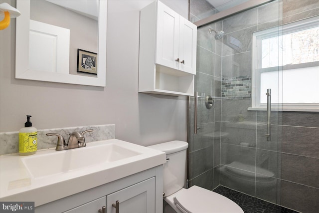 bathroom with vanity, an enclosed shower, and toilet