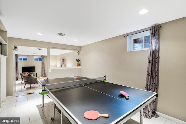 game room featuring light tile patterned floors, visible vents, and recessed lighting