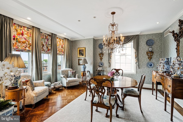 dining space featuring crown molding, an inviting chandelier, and parquet flooring