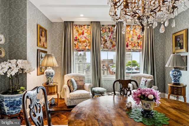 dining area with ornamental molding, beamed ceiling, and parquet flooring