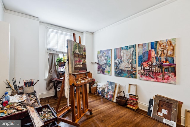 interior space with ornamental molding and dark hardwood / wood-style floors