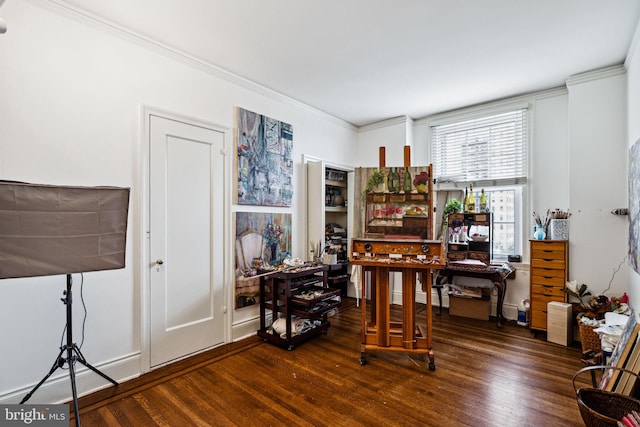 office area with ornamental molding and dark hardwood / wood-style flooring