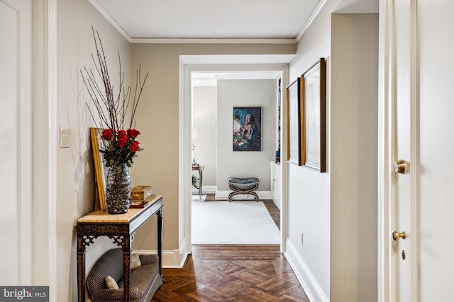 corridor featuring crown molding and dark parquet flooring