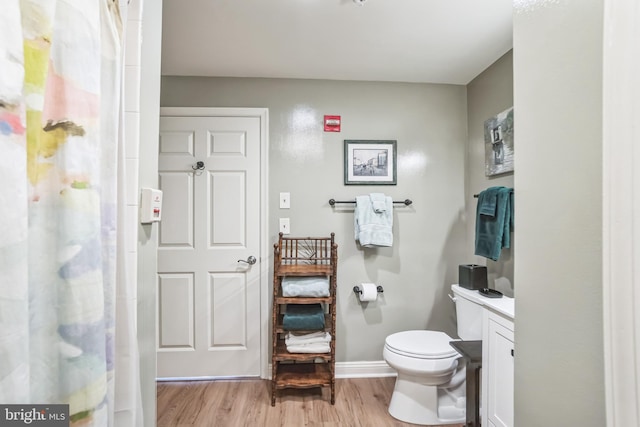 bathroom featuring vanity, wood-type flooring, and toilet