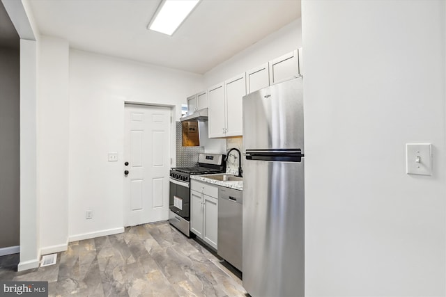 kitchen featuring sink, backsplash, white cabinets, and stainless steel appliances