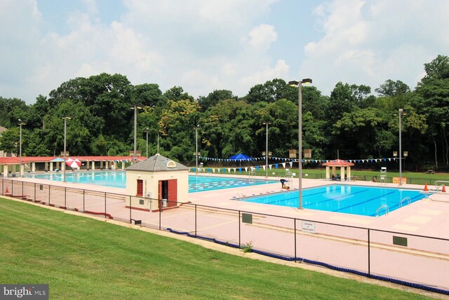 view of pool featuring a patio area and a lawn