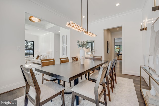 dining room with wood-type flooring and ornamental molding