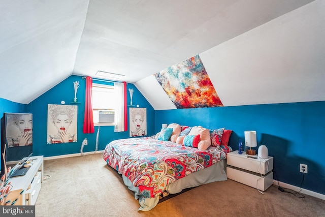 bedroom featuring cooling unit, vaulted ceiling, and carpet