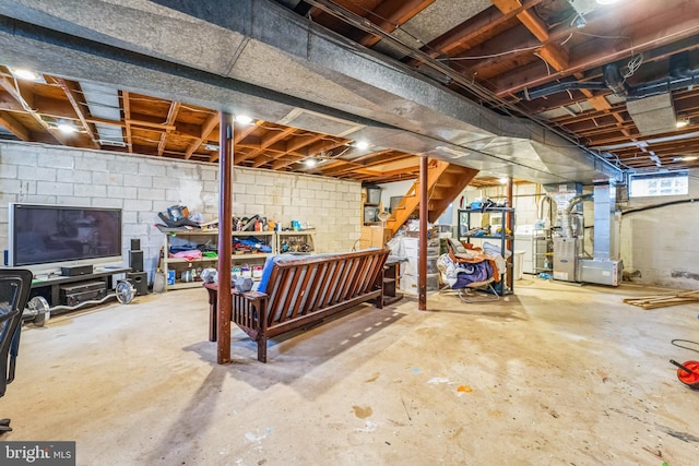 basement featuring heating unit