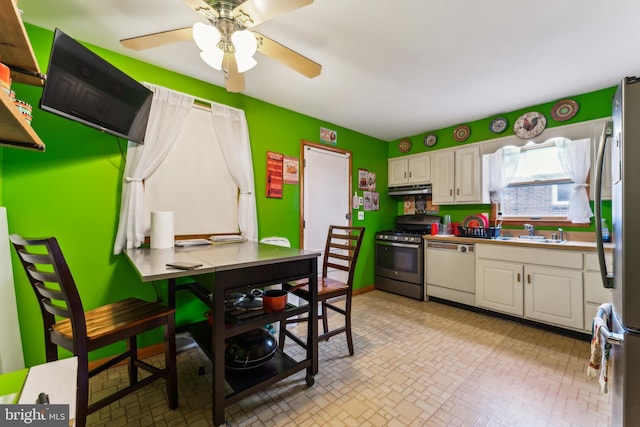 kitchen featuring white cabinetry, ceiling fan, appliances with stainless steel finishes, and sink