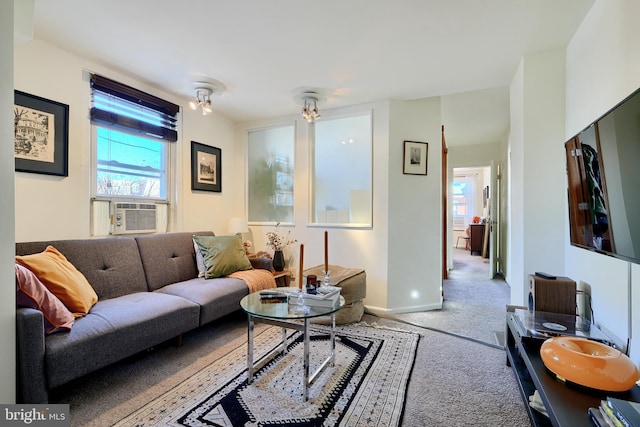 carpeted living room featuring cooling unit