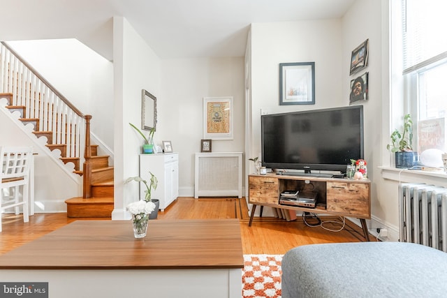 living room with radiator and hardwood / wood-style flooring