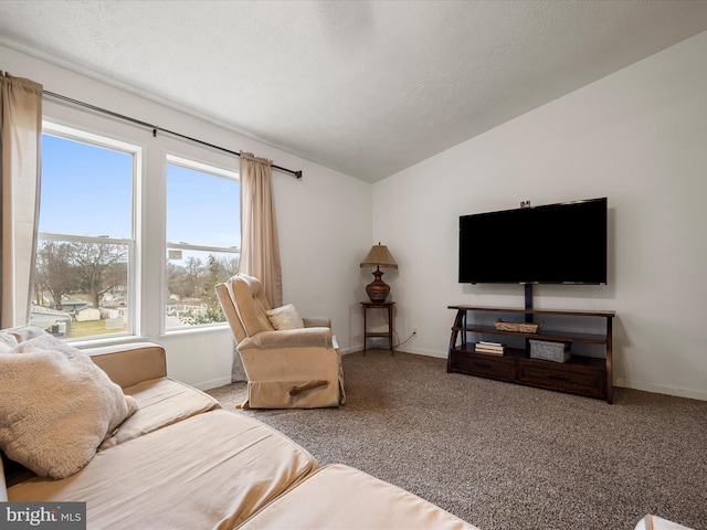 carpeted living room featuring vaulted ceiling and a textured ceiling