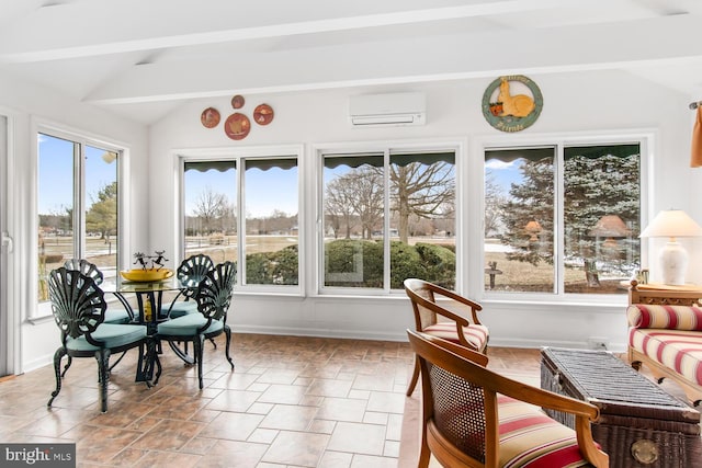 sunroom / solarium with vaulted ceiling with beams and a wall unit AC