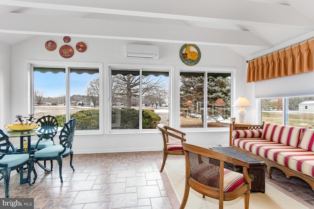 sunroom with vaulted ceiling with beams and a wall unit AC