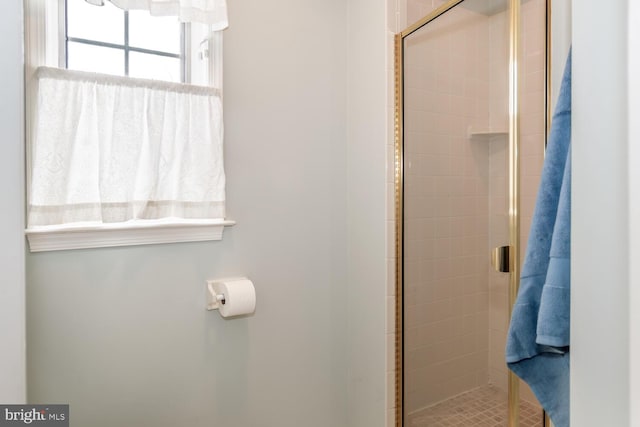 bathroom featuring a shower with door