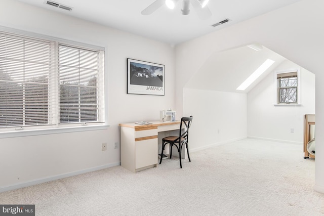 office featuring light carpet, lofted ceiling, and ceiling fan