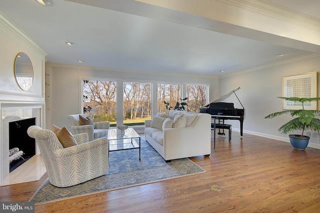 living room with a premium fireplace, crown molding, and hardwood / wood-style floors