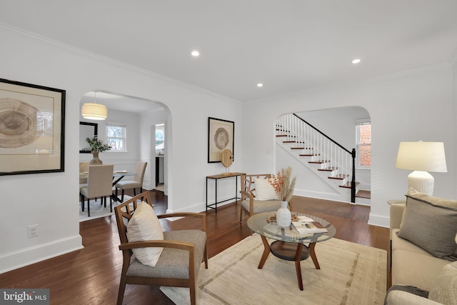 living room featuring ornamental molding and dark hardwood / wood-style floors