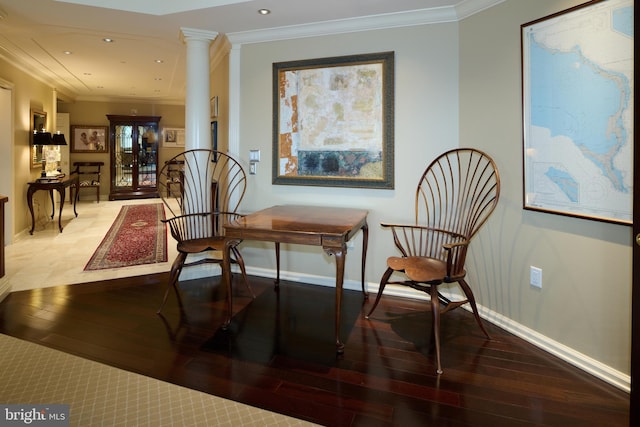 425 Windmere Dr Unit 2B, State College, PA 16801 - living area featuring decorative columns, ornamental molding, and hardwood / wood-style floors