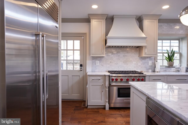 kitchen featuring light stone countertops, custom exhaust hood, dark hardwood / wood-style floors, crown molding, and high quality appliances