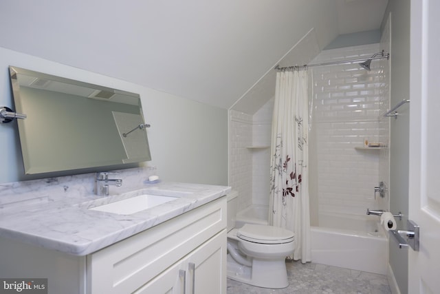 full bathroom with toilet, vanity, and shower / bathtub combination with curtain