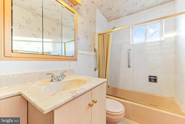 full bathroom with vanity, tub / shower combination, and toilet