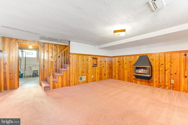 basement featuring carpet, a wood stove, a textured ceiling, and wooden walls