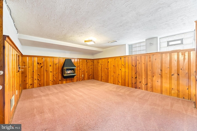 basement with carpet floors, a textured ceiling, and wood walls