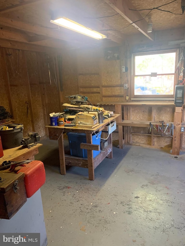 basement with a workshop area