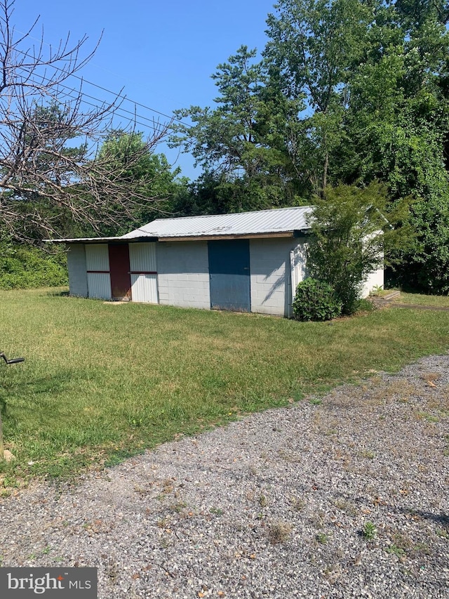 view of outdoor structure featuring a lawn