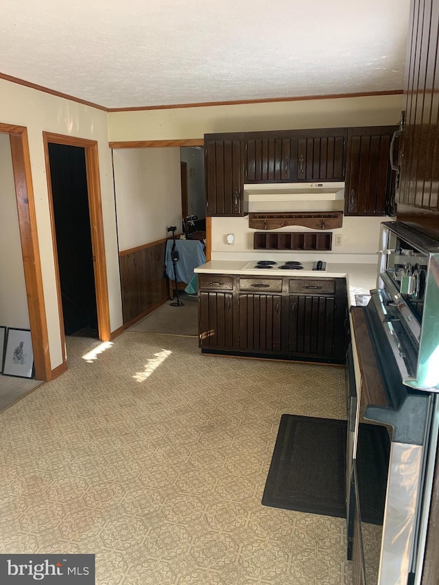 kitchen with crown molding, a textured ceiling, dark brown cabinets, white electric cooktop, and wood walls