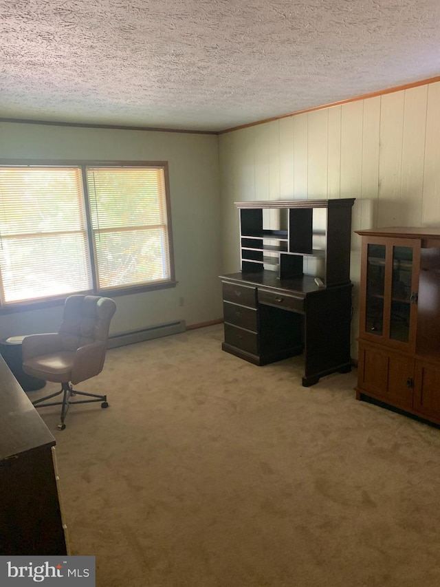 office area featuring carpet floors, a textured ceiling, and a baseboard heating unit