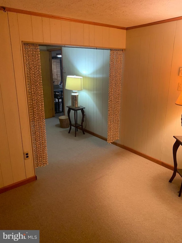 basement with wood walls, light colored carpet, a textured ceiling, and crown molding