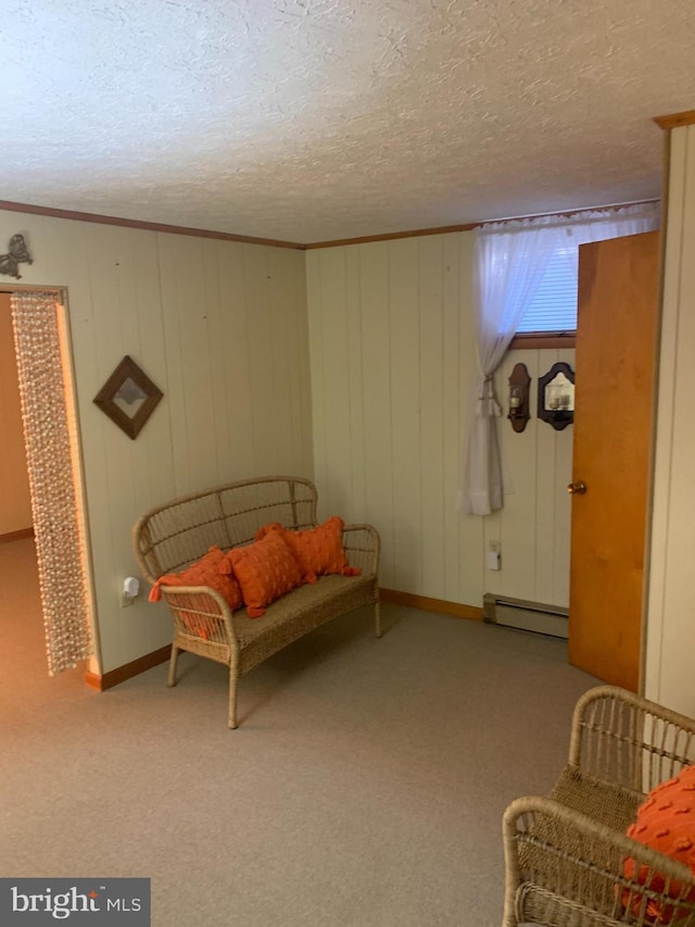 living area with carpet floors, wood walls, a baseboard heating unit, and a textured ceiling