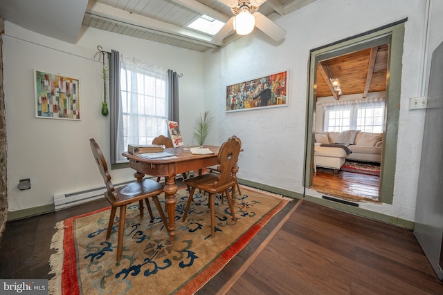 dining space with lofted ceiling with skylight, a wealth of natural light, wooden ceiling, and dark hardwood / wood-style flooring