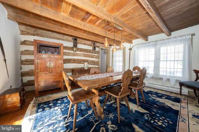 dining room featuring wood ceiling, beam ceiling, plenty of natural light, and wood-type flooring