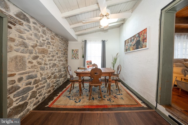 dining space featuring wood ceiling, vaulted ceiling with beams, hardwood / wood-style flooring, and ceiling fan