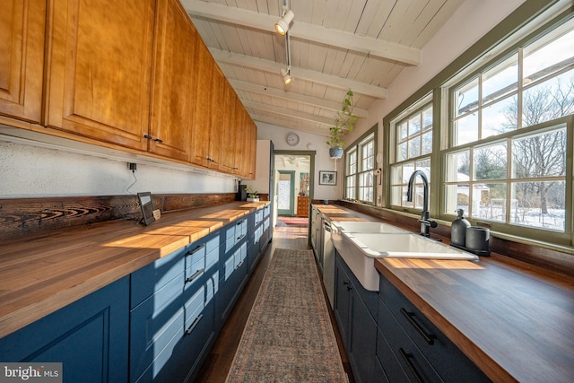 kitchen featuring wood ceiling, wooden counters, dark hardwood / wood-style flooring, and vaulted ceiling with beams