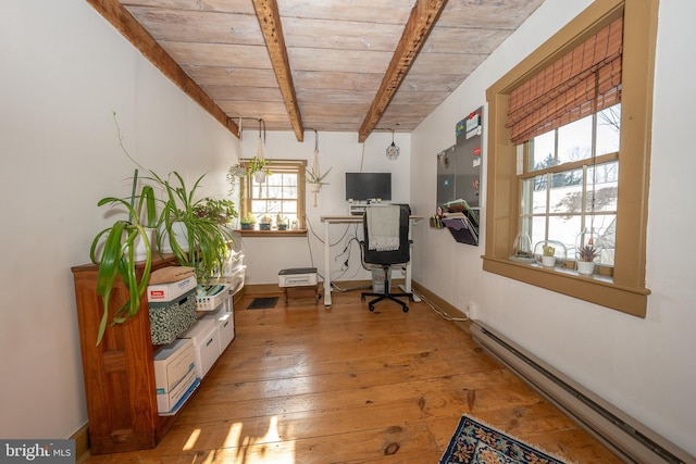 home office with wood ceiling, a baseboard heating unit, beam ceiling, and a healthy amount of sunlight