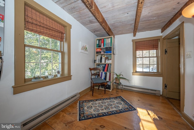 sitting room with hardwood / wood-style flooring, a baseboard radiator, wooden ceiling, and beam ceiling