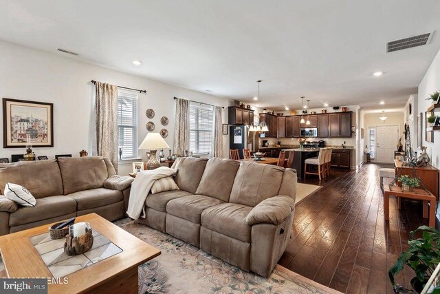 living room with dark hardwood / wood-style floors