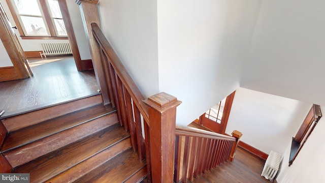 stairs featuring radiator and wood-type flooring