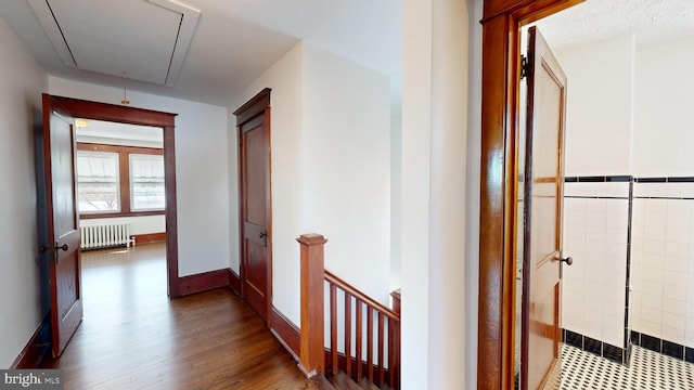 hall with radiator and hardwood / wood-style floors