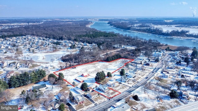 bird's eye view with a water view