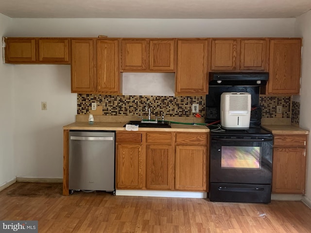 kitchen with dishwasher, exhaust hood, light hardwood / wood-style floors, sink, and electric range