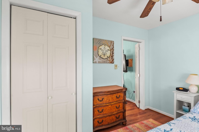 bedroom featuring hardwood / wood-style flooring, ceiling fan, and a closet