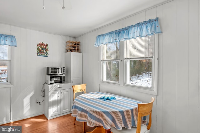 dining room with a wealth of natural light, light hardwood / wood-style floors, and wood walls