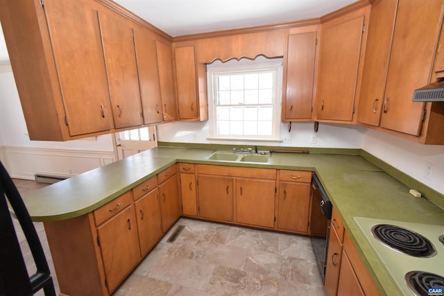 kitchen with stovetop, dishwasher, baseboard heating, sink, and wall chimney range hood